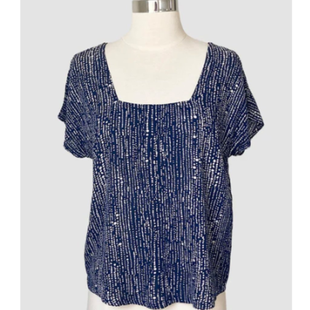 Navy Blue Bubble Print Button Back Square Neck Tee, Medium Nwt